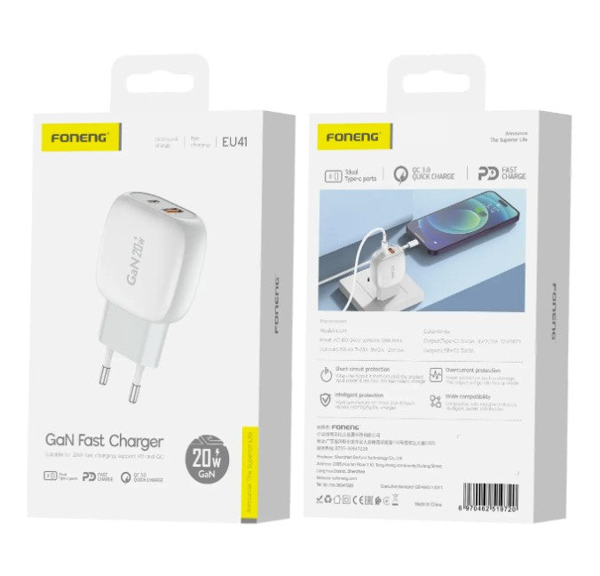 GaN EU41 A+C 2-Port Fast Charger (20W)