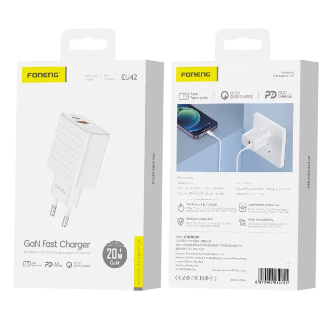 GaN EU42 A+C 2-Port Fast Charger (20W)